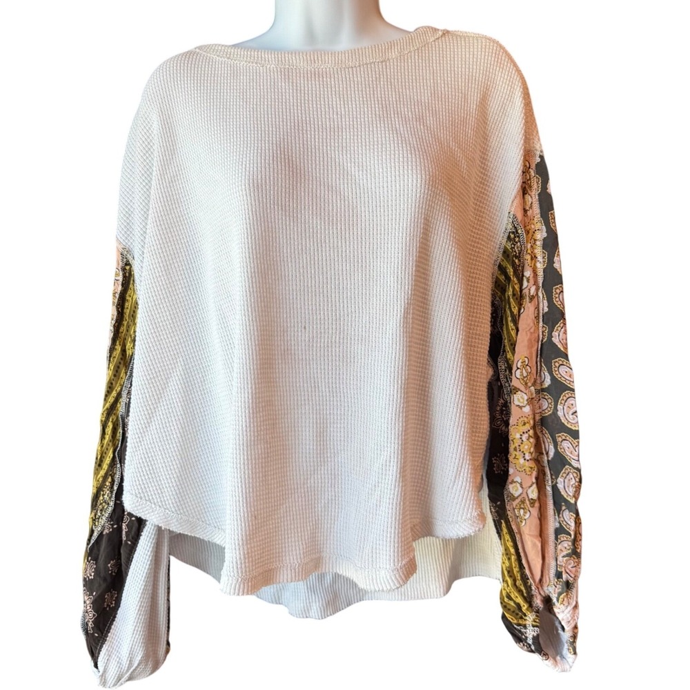 WE THE FREE Long Balloon Pattern Sleeve Waffle Top Boho Blouse Size Small‎ Cream